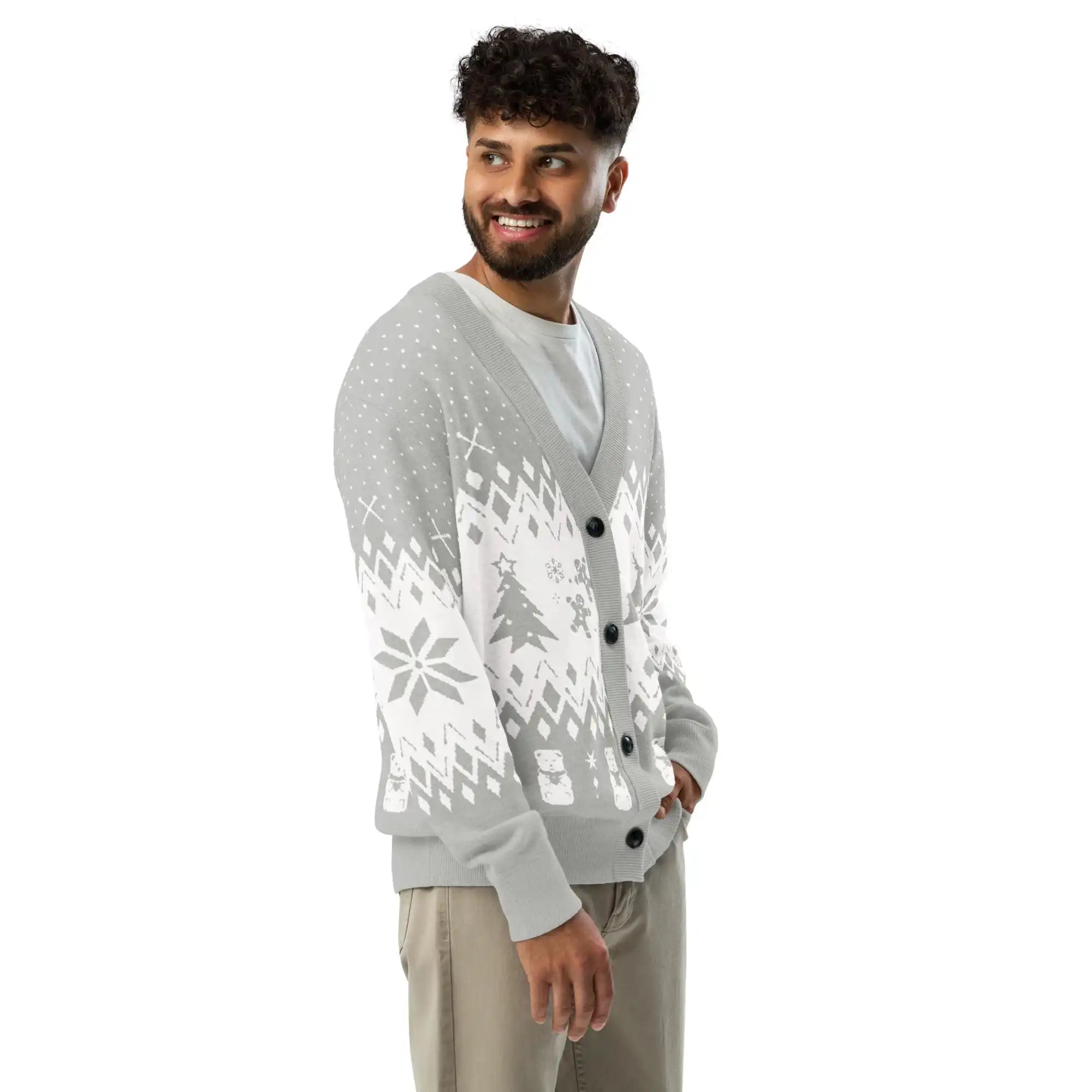 AEMBR light grey knitted cardigan with white winter patterns worn by man, festive design