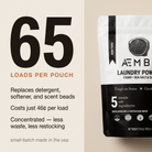 AEMBR Laundry Powder — 65 loads per pouch at just 46¢ per load. Replaces detergent, softener, and scent beads.