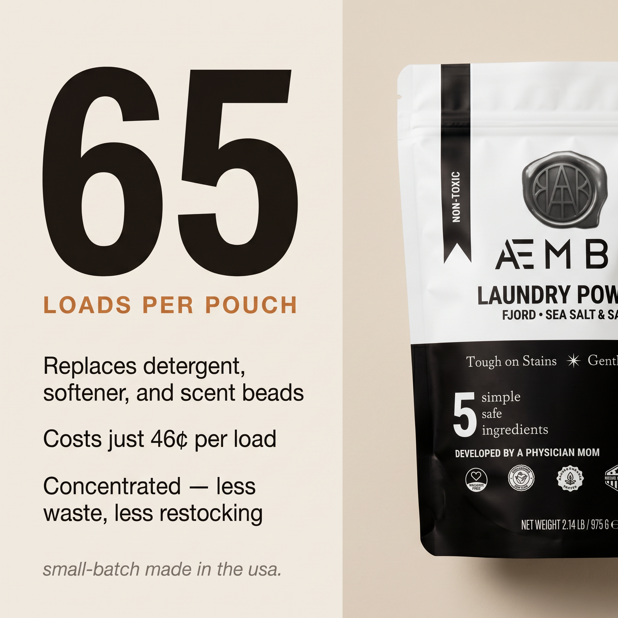 AEMBR Laundry Powder — 65 loads per pouch at just 46¢ per load. Replaces detergent, softener, and scent beads.