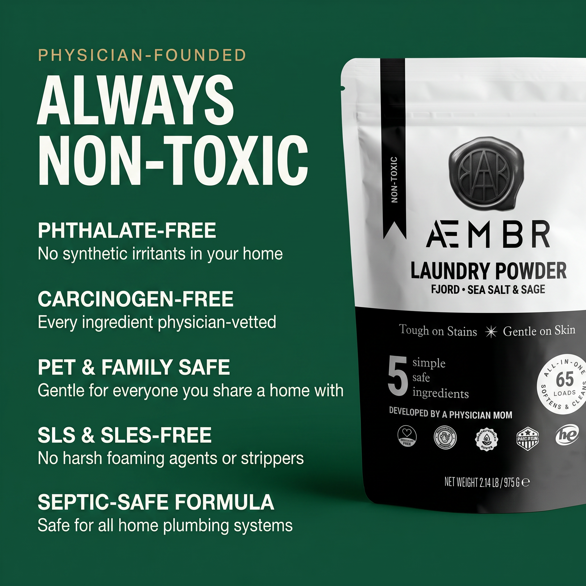 AEMBR Laundry Powder — Always non-toxic. Phthalate-free, carcinogen-free, pet & family safe, SLS-free, septic-safe.