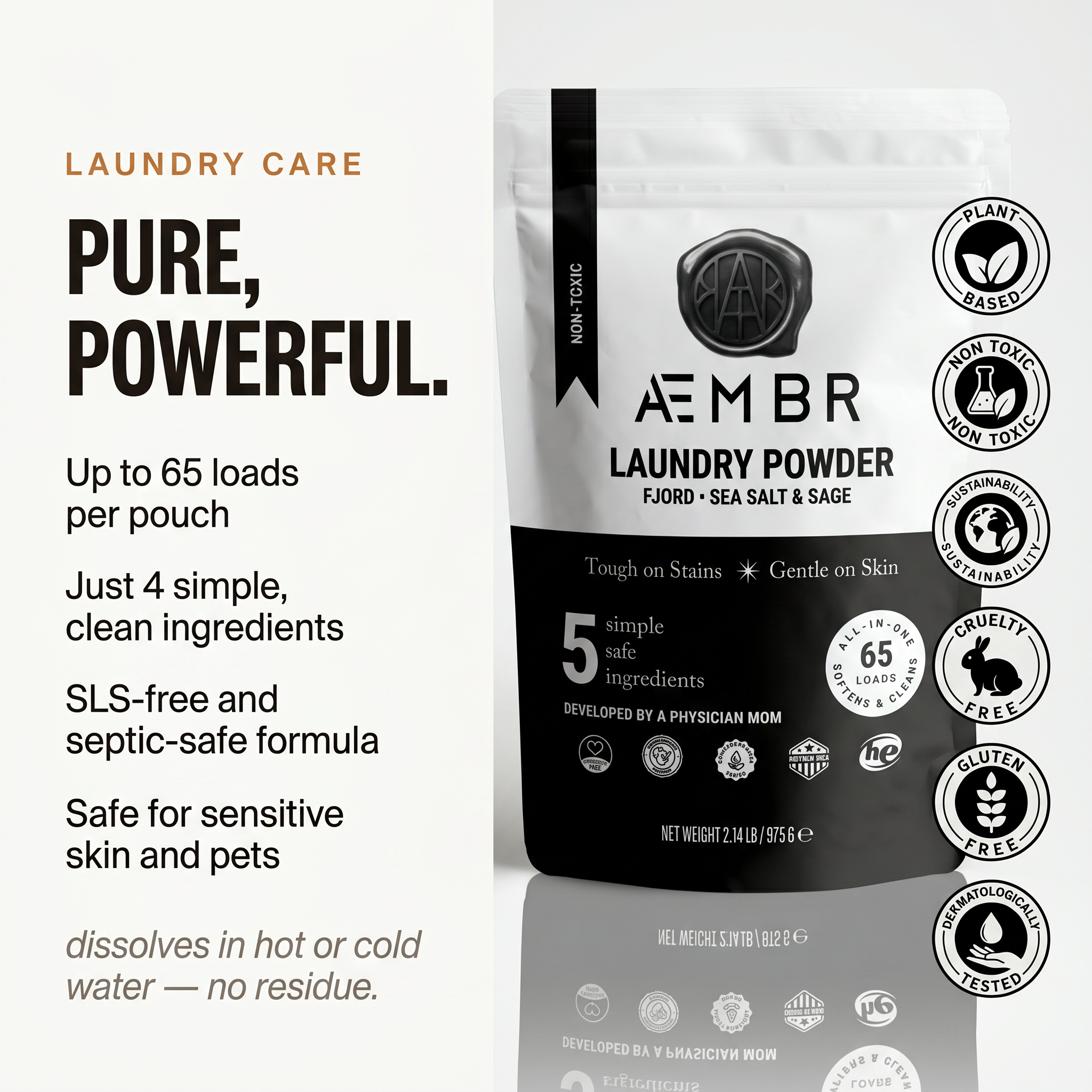 AEMBR Laundry Powder — Pure, Powerful. Up to 65 loads, SLS-free, septic-safe, pet & family safe.