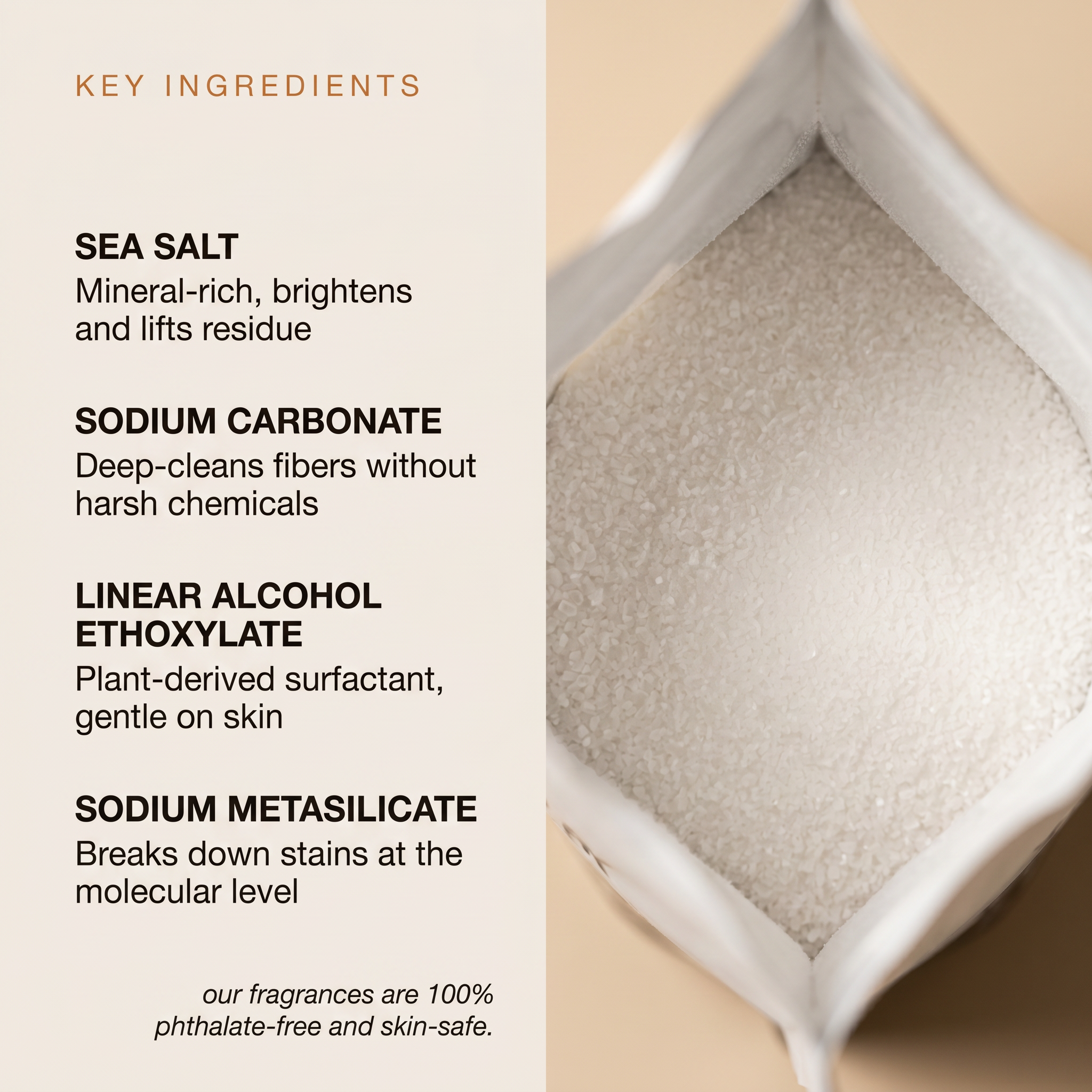 AEMBR Laundry Powder key ingredients: sea salt, sodium carbonate, plant-derived surfactant. Phthalate-free fragrances.