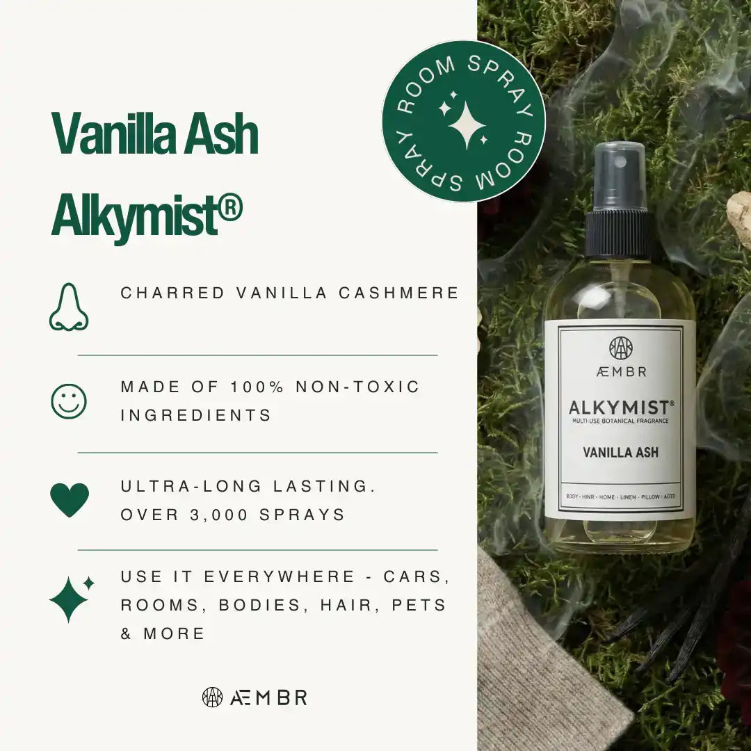 AEMBR Alkymist Vanilla Ash non-toxic room spray bottle on moss, botanical fragrance