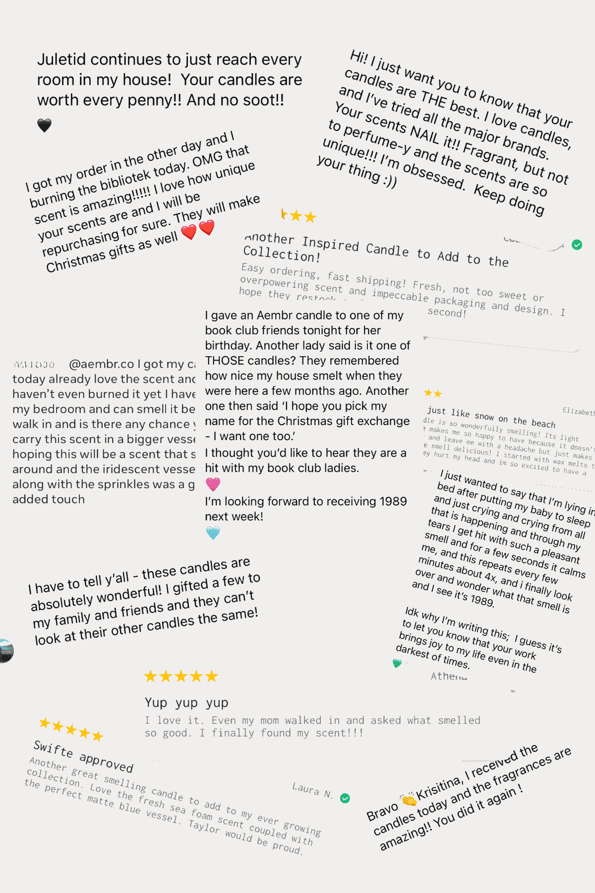 Collage of customer reviews for AEMBR non-toxic candles, highlighting positive feedback and scent quality.