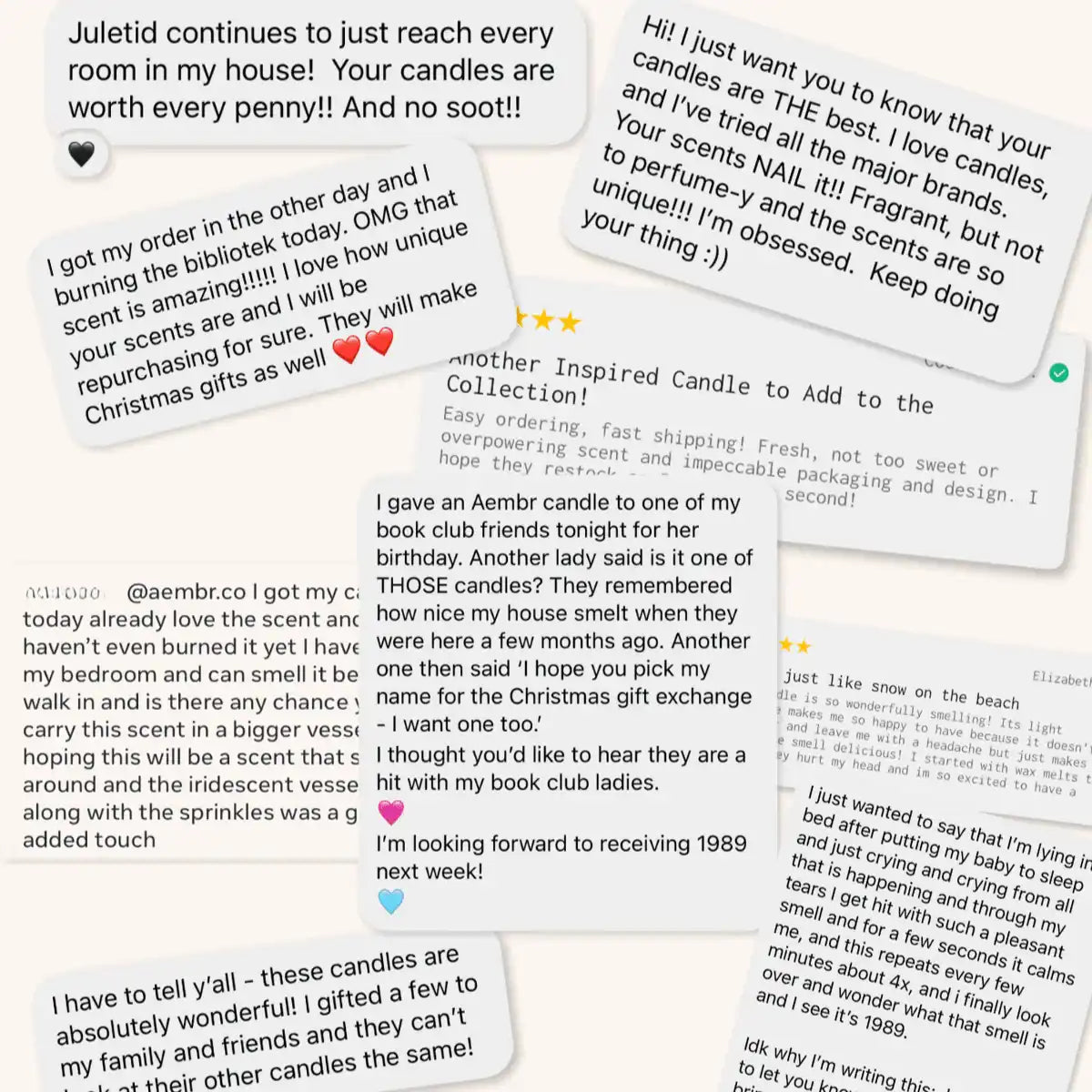 AEMBR customer reviews collage showcasing positive feedback for non-toxic candles and wax melts.