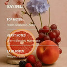 AEMBR Love Spell candle notes, with fruits, flowers, and berries: peach, grapefruit, grapes, and hydrangea.