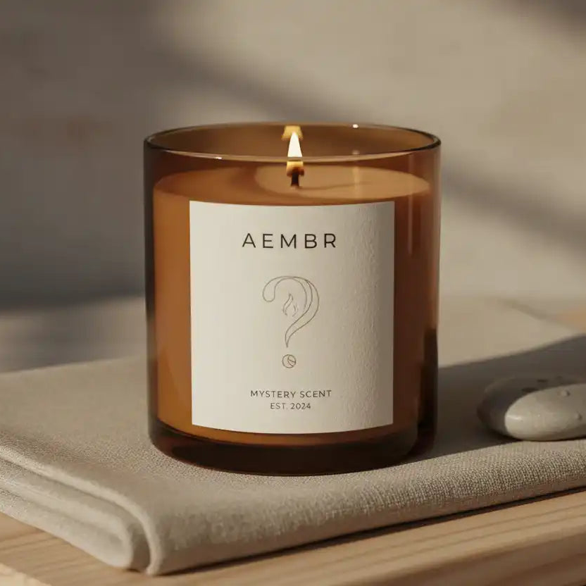 Non-toxic scented candle in amber glass jar with minimal label on a folded towel