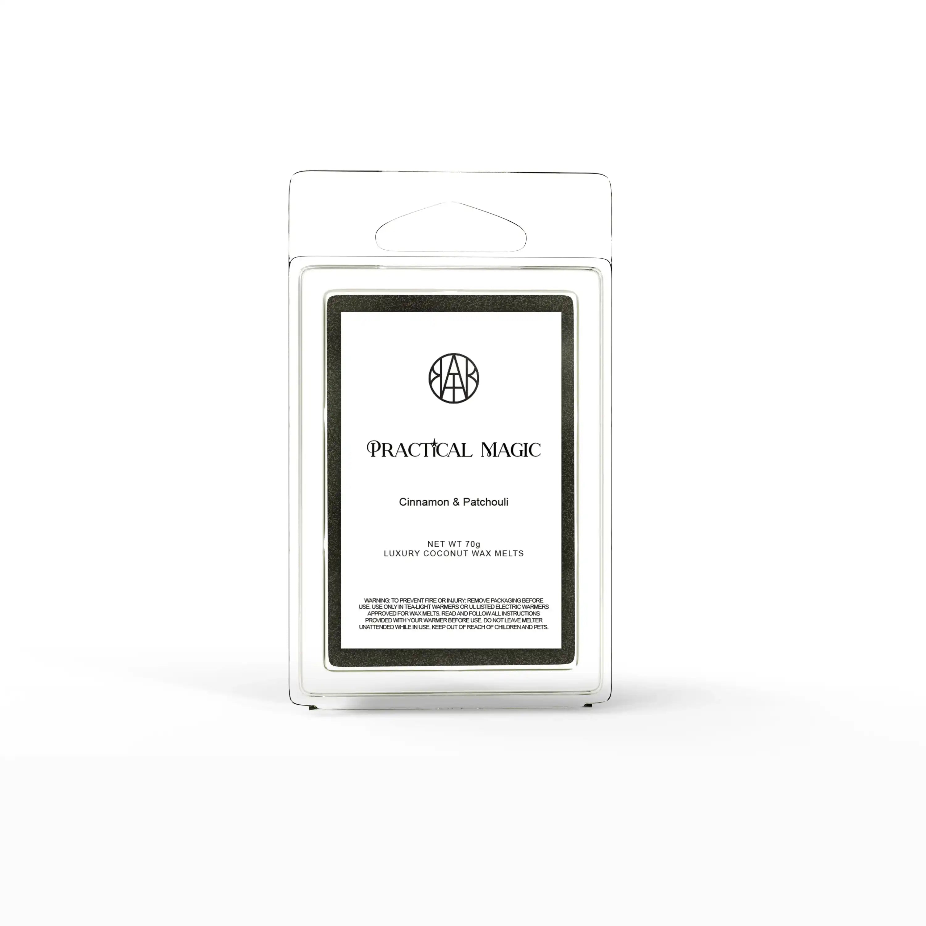 AEMBR Practical Magic cinnamon and patchouli luxury coconut wax melts in clear packaging