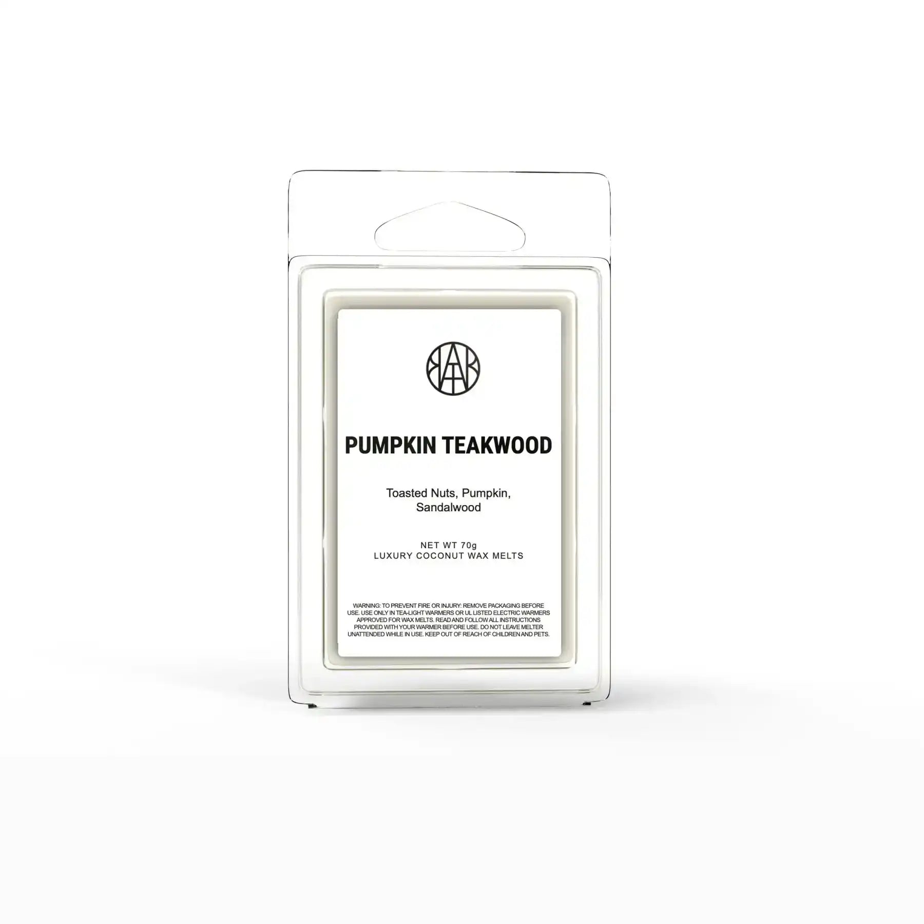 AEMBR Pumpkin Teakwood luxury coconut wax melts in clear packaging, scented with toasted nuts, pumpkin, and sandalwood.