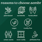 AEMBR benefits icons showing plant-based, vegan, cruelty-free, phthalate-free, worldwide shipping.