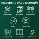 AEMBR product benefits icons: plant-based, vegan, cruelty-free, handcrafted, phthalate-free.