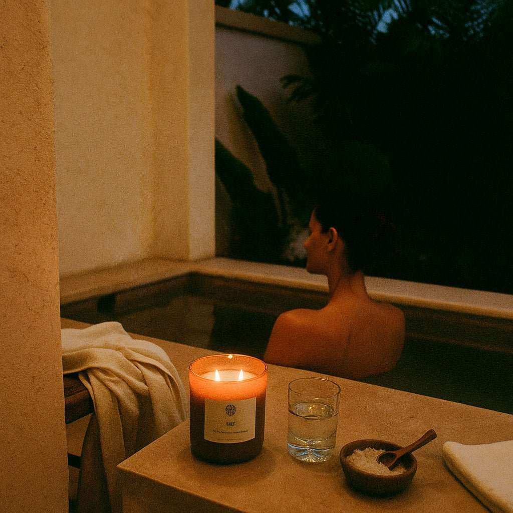 Woman relaxing in a bath with AEMBR candle, salt bowl, and water glass at dusk
