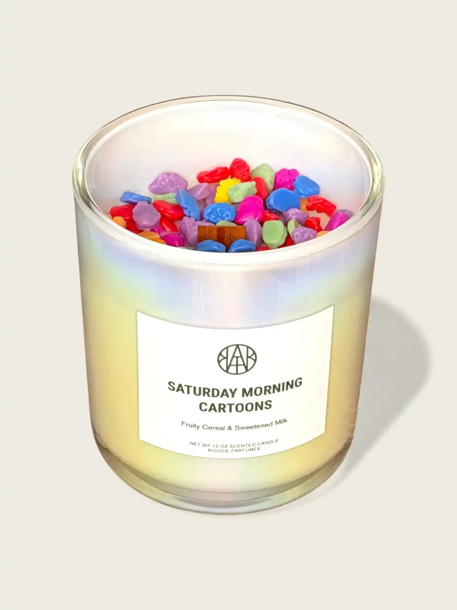 AEMBR Saturday Morning Cartoons candle with colorful wax melts, fruity cereal scent