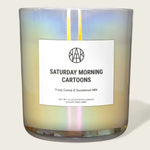 AEMBR iridescent glass candle labeled Saturday Morning Cartoons, fruity cereal scent, non-toxic.
