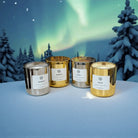 AEMBR silver and gold candles on snow with winter forest and aurora background