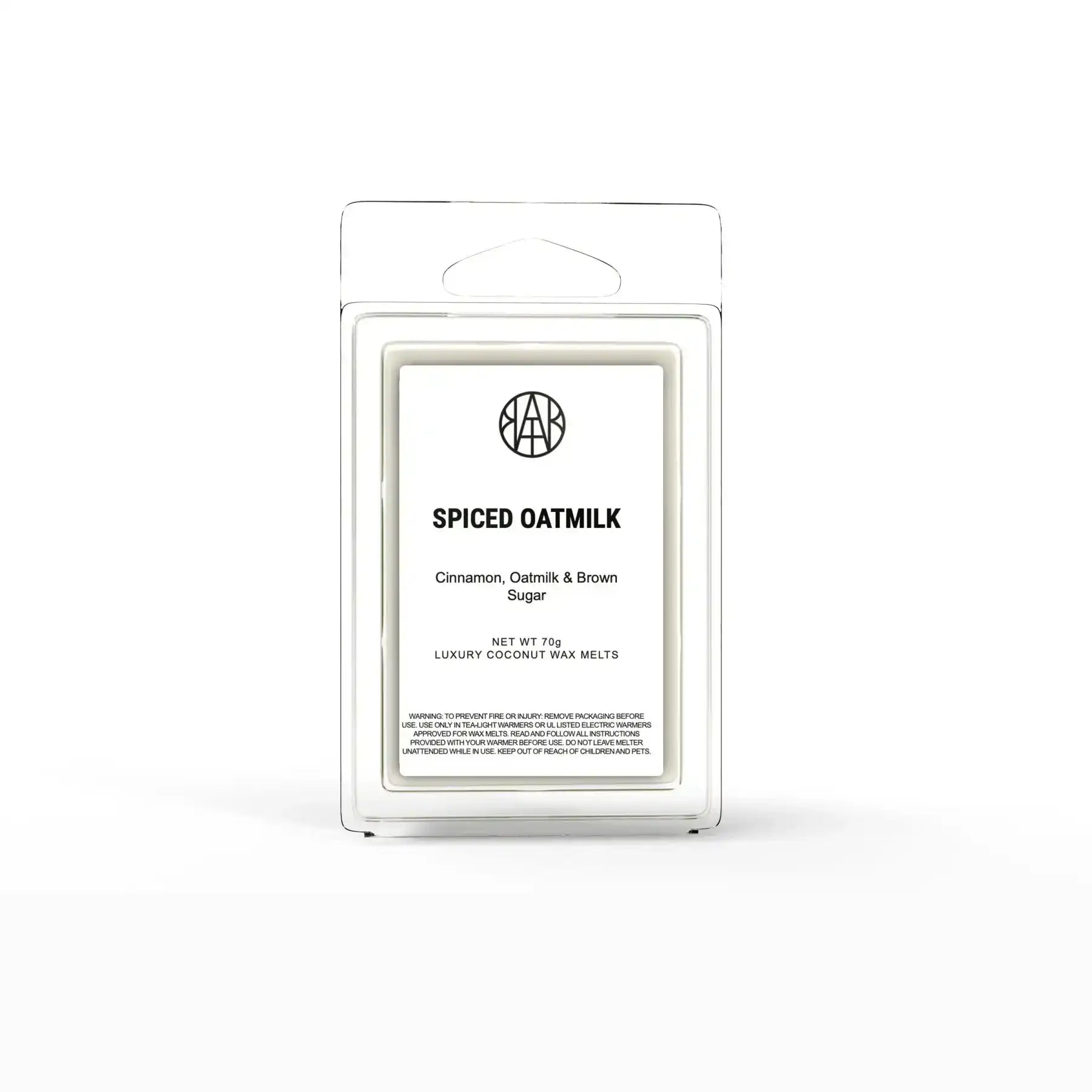 AEMBR Spiced Oatmilk coconut wax melt in clear packaging, labeled cinnamon and brown sugar.