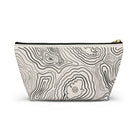 AEMBR travel pouch bag with black topographic line pattern on beige fabric, zip closure