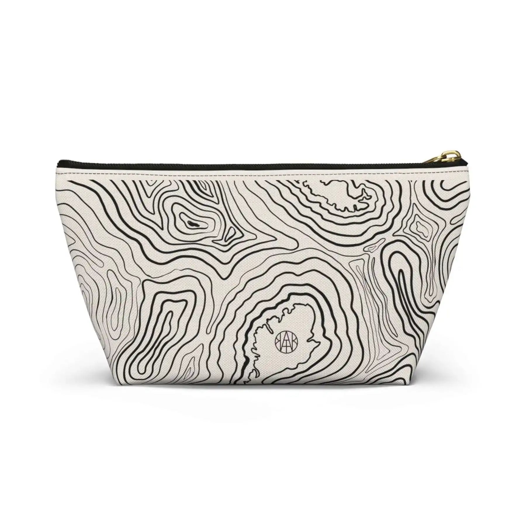 AEMBR travel pouch bag with black topographic line pattern on beige fabric, zip closure