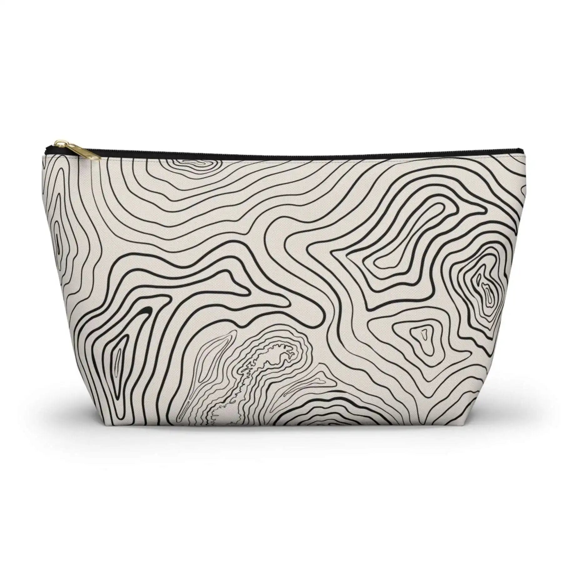 AEMBR travel pouch bag with black topographic line pattern on cream fabric, zip closure.