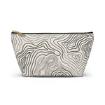 AEMBR travel pouch bag with topographic black line pattern on cream fabric, gold zipper