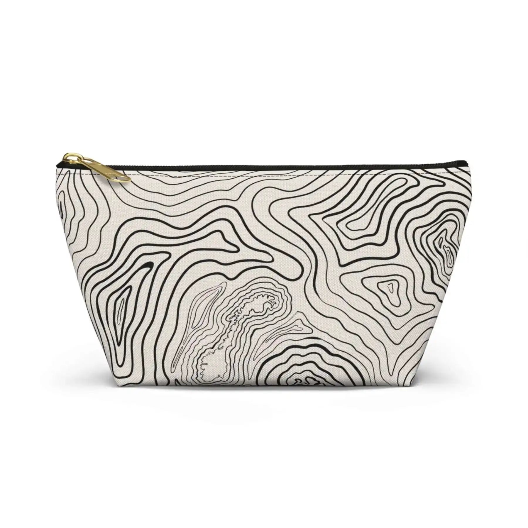AEMBR beige travel pouch bag with black contour line pattern and gold zipper on white background