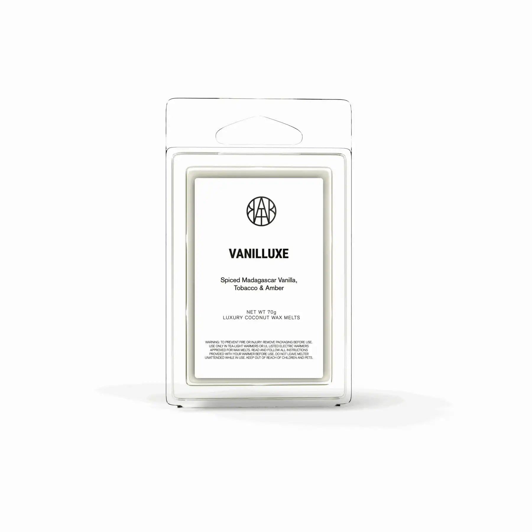 AEMBR Vanilluxe luxury coconut wax melt in clear packaging, vanilla, tobacco, amber scent.