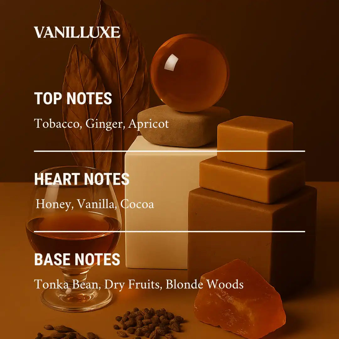 AEMBR Vanilluxe scent notes with honey, vanilla, cocoa, stacked cubes, amber decor.