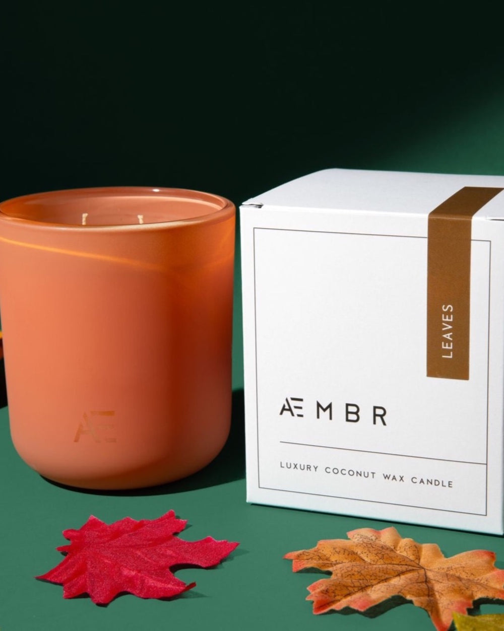 image of burnt Sienna candle jar on green backdrop next to white and black elegant candle box, leaves in foreground