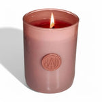 AEMBR non-toxic wooden wick candle in mauve glass jar with embossed logo, burning